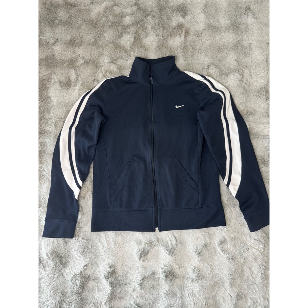 Nike Sports Track Jacket Navy Blue White Stripe Full Zip Women LG 12-14-0748